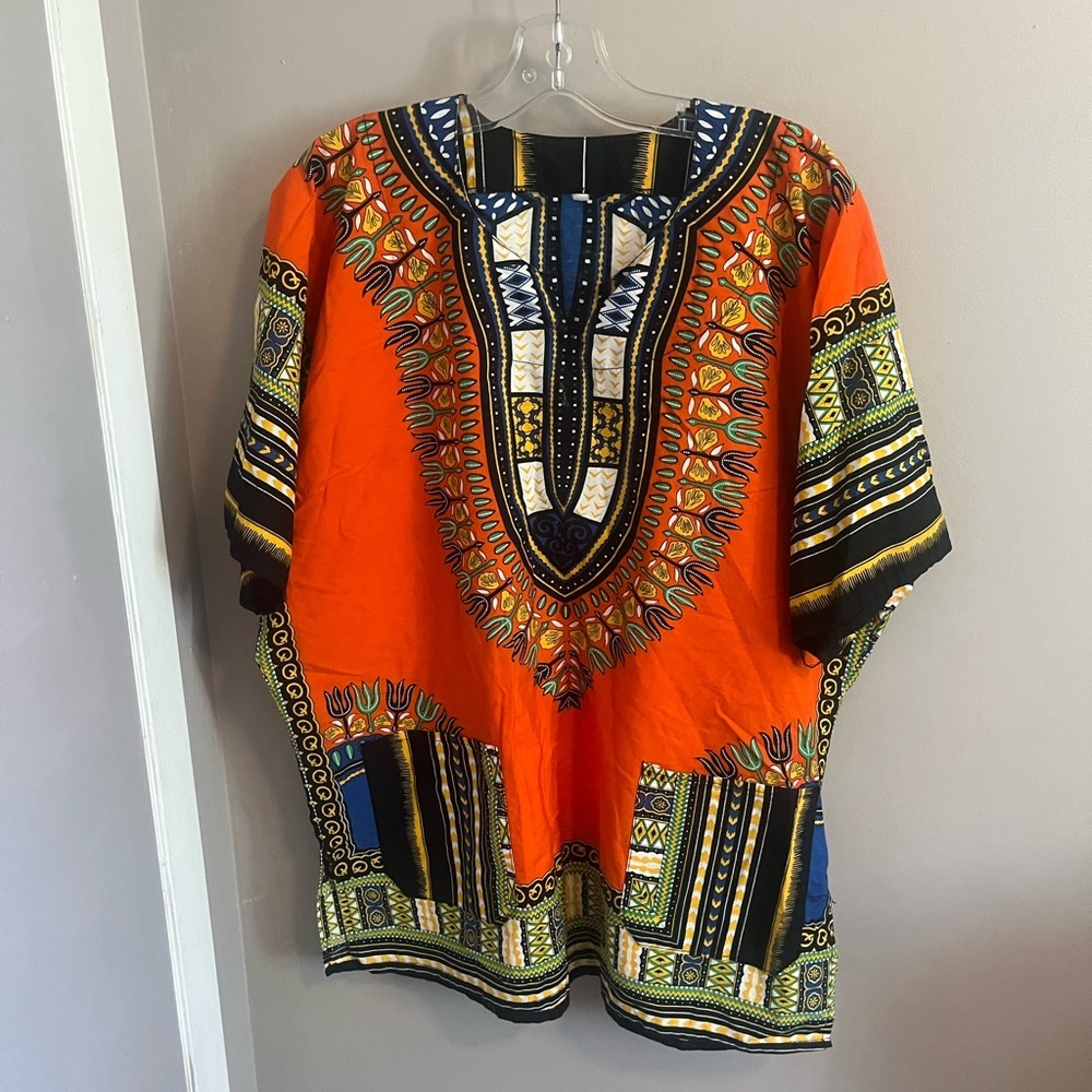 Vintage Tribal Dashiki Men  Orange Multicolor Pattern Pocket Shirt Size Xl